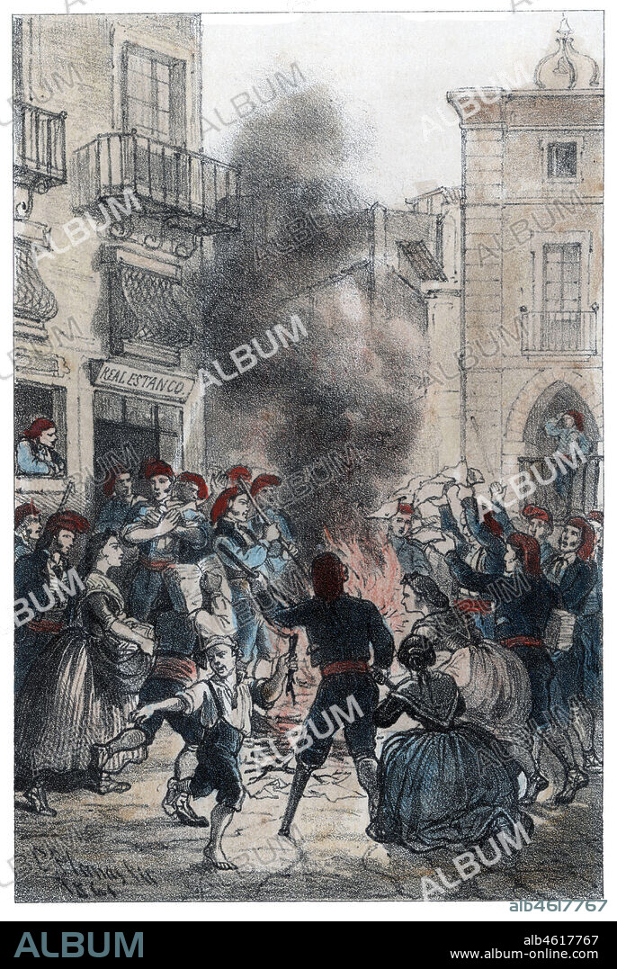 EUSEBI PLANAS FRANQUESA. Guerra de la Independencia (1808-1814). Catalunya. Quema de papel sellado francés en la ciudad de Manresa. Grabado de 1861.
