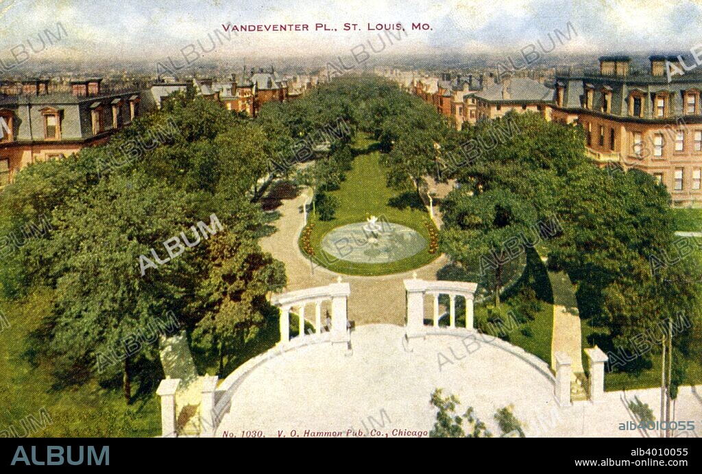 Vandeventer Place, St Louis, Missouri, USA, 1912. Vintage postcard showing a bird's eye view of Vandeventer Place seen from a balcony. It shows a boulevard with a landscaped median with mansions on both sides and a view of the city in the distance. Vandeventer Place was a gated residential development of luxury houses begun in 1870.