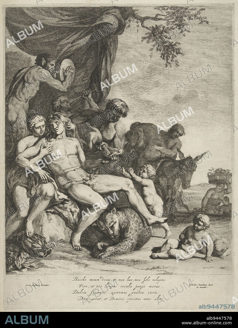Bacchanal with wine flowing in abundance and a satyr playing a tambourine. The drunken Bacchus is lifted from a donkey by two men. In lower margin Latin verse in four lines, Bacchanal, print maker: Dancker Danckerts, (mentioned on object), Cornelis Holsteyn, (mentioned on object), publisher: Dancker Danckerts, (mentioned on object), Amsterdam, 1633 - 1666, paper, etching, h 396 mm × w 300 mm.