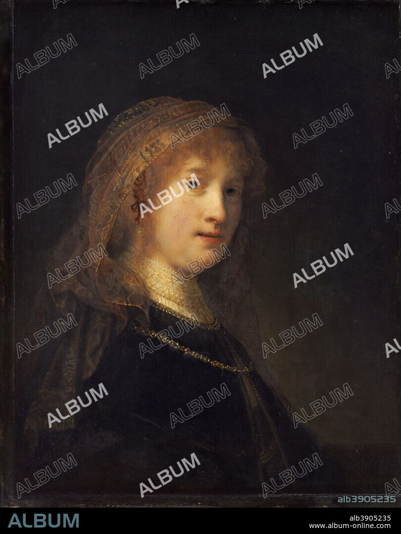 REMBRANDT. Saskia van Uylenburgh, the Wife of the Artist. Date/Period: Probably begun 1634/1635 and completed 1638/1640. Painting. Oil on panel. Height: 60.50 mm (2.38 in); Width: 49 mm (1.92 in).