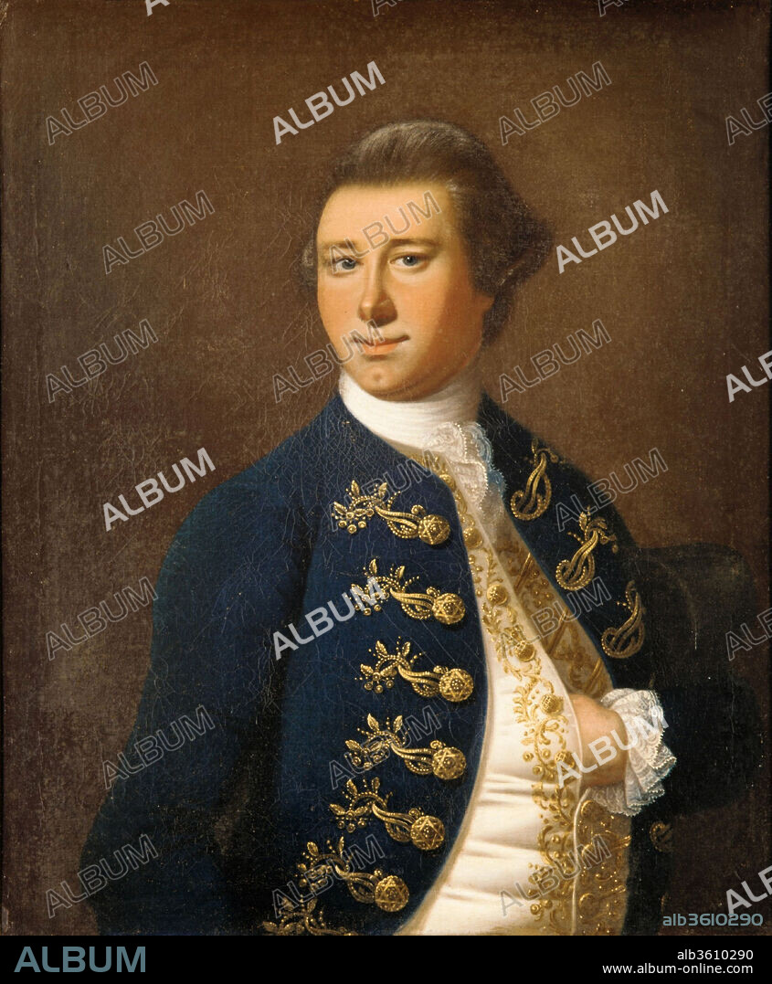 John Dart. Artist: Jeremiah Theus (American, Chur, 1716-1774 Charleston, South Carolina). Dimensions: 30 x 25 in. (76.2 x 63.5 cm). Date: ca. 1772-74.
John Dart (1750-1782), the son of Benjamin Dart, was a lawyer in Charleston, South Carolina. In 1772, he married Henrietta Sommers. This portrait and its companion picture (67.268.2) were probably painted around the time of the Dart's marriage. The elaborate coat and waistcoat date from the 1760s, but Theus often copied costumes for his sitters from mezzotints.