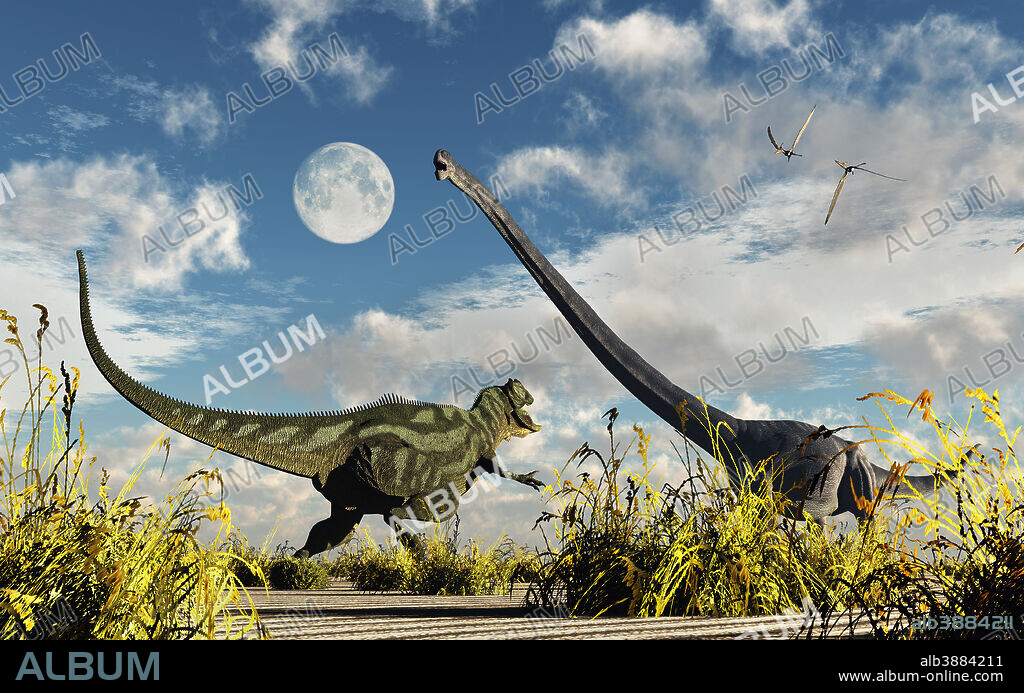 A carnivorous Yangchuanosaurus dinosaur confronting an Omeisaurus dinosaur, in what is modern day China.
