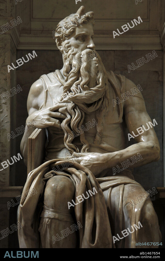 ARTE RENACIMIENTO. CINQUECENTO. ITALIA. MIGUEL ANGEL (Michelangelo Buonarroti) (1475-1564). Pintor, escultor y arquitecto italiano. "TUMBA DEL PAPA JULIO II", realizada entre 1505 y 1545. Detalle de la ESTATUA DE MOISES. IGLESIA DE SAN PIETRO IN VINCOLI. ROMA.