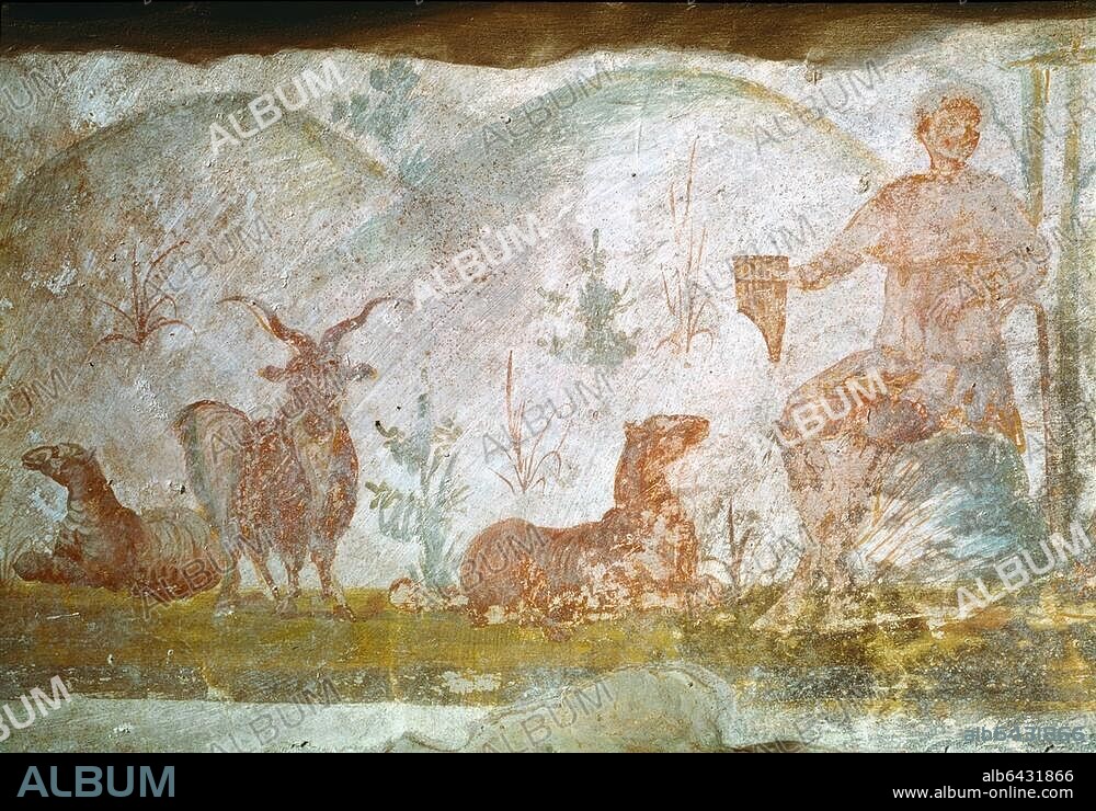 Rom-Roma (Italien), Domitilla-Katakomben-Catacombe di Domitilla, Grab an einer Treppe.-Orpheus bezaubert die wilden Tiere mit seiner Musik.-Wandmalerei, spätantikfrühchristlich, 3. Jahrhundert. 50 x 90 cm.