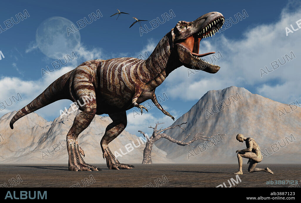 The first man, Adam, kneels down before the famous T-Rex dinosaur.