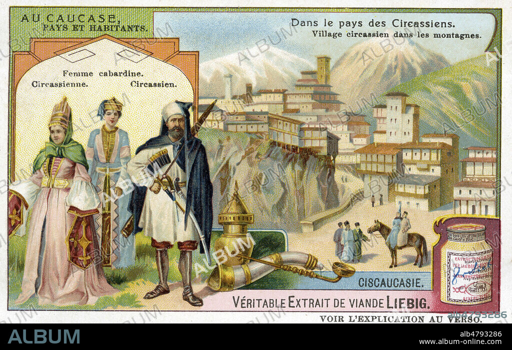 'Ciscaucasie. Dans le pays des circassiens : village circassien dans les montagnes' et costumes de femme cabardine, de circassienne et de circassien. Chromo publicitaire Liebig de 1907, serie intitulee 'Au Caucase, pays et habitants'. Illustration anonyme. Credit : Collection IM/KHARBINE-TAPABOR.