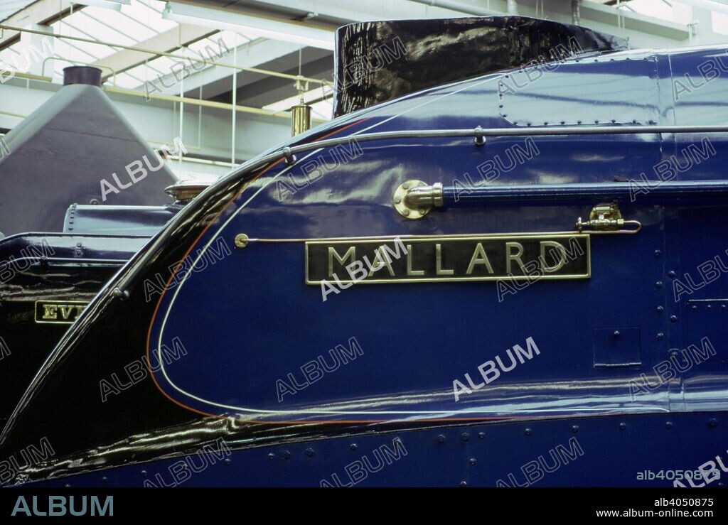 Nameplate of 'Mallard', British steam locomotive, National Railway Museum, York, North Yorkshire. This class A4 locomotive was designed by Sir Nigel Gresley, the chief mechanical engineer for the London & North Eastern Railway (LNER) and built at the railway's works in Doncaster in 1938. On Sunday 3 July that year 'Mallard' reached a speed of 126 mph on a straight stretch of track between Grantham and Peterborough, achieving a new world record for steam locomotives which remains unbroken to this day.