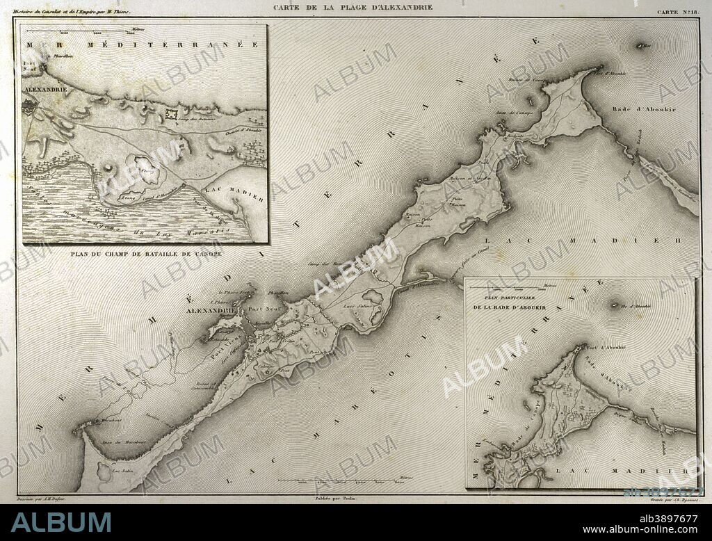Mapa de la costa egipcia con la ciudad de Alejandría. Historia del Consulado y del Imperio de Napoleón (Atlas de l'Histoire du Consulat et de l'Empire). Obra de Marie Joseph Louis Adolphe Thiers (1797-1877). Dibujos realizados por Dufour y grabados por Dyonnet. Editado en París, 1864. Biblioteca Histórico Militar de Barcelona. Cataluña, España.