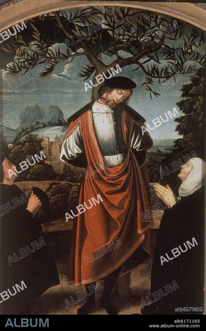 ANONIMO ESPAÑOL. SANTO DEGOLLADO Y DOS DONANTES - SIGLO XVI - OLEO/TABLA - 72 x 47 cm - NP 2681 - RENACIMIENTO ESPAÑOL.