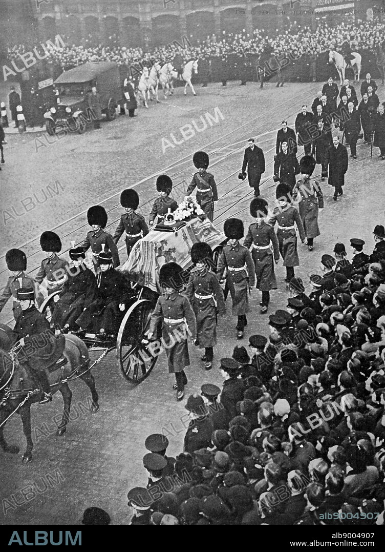 Funeral of King George V (1936); King of the United Kingdom and the British Dominions, and Emperor of India, from 6 May 1910 until his death in 1936. the four sons of the late king (King Edward VIII, the Duke of York, the Duke of Gloucester and the Duke of Kent) take part in the state funeral.