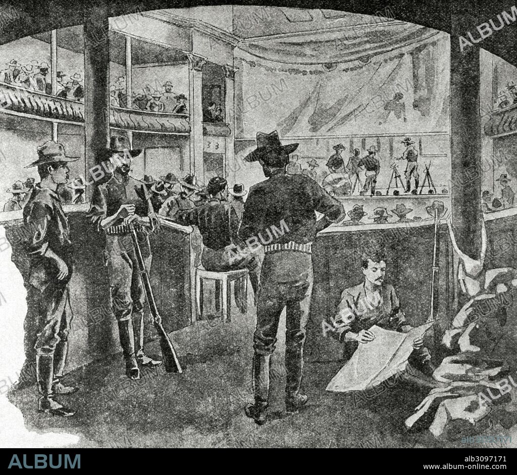 GUERRA HISPANO-ESTADOUNIDENSE o Guerra de Cuba o Guerra Hispano-Cubano-Norteamericna. Conflicto bélico entre España y EEUU en 1898, resultado de la intervención de USA en la guerra de Independencia Cubana. "Tropas yankees acuarteladas en el teatro de Santiago de Cuba". Grabado. La Ilustración Ibérica, 1898.