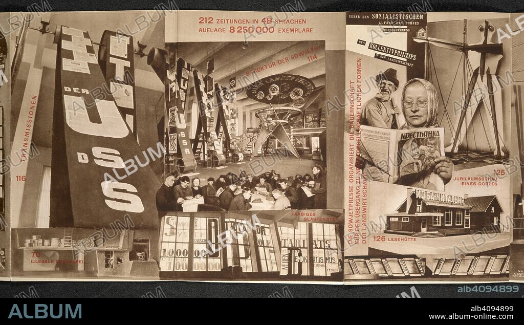 LAZAR MARKOVICH LISITSKY. A photographic collage of images on the subject of the International Press Exhibition, 1928. Union der Sozialistischen Sowjet-Republiken. Katalog des Sowjet-Pavillons auf der Internationalen Presse-Ausstellung KoÌˆln 1928. (Umschlag, Typo- und Photogestaltung: El Lissitzky.). International Press Exhibition (1928 : Cologne, Germany) KoÌˆln, [1928]. Source: C.132.b.2 after page 16, part 2.