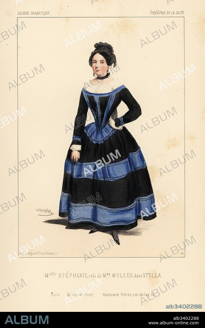 Mlle. Stephanie as Madame Muller in Stella by Anicet Bourgeois, Theatre de la Gaite, 1843. Handcoloured lithograph after an illustration by Victor Dollet from Galerie Dramatique: Costumes des Theatres de Paris, Paris, 1845.