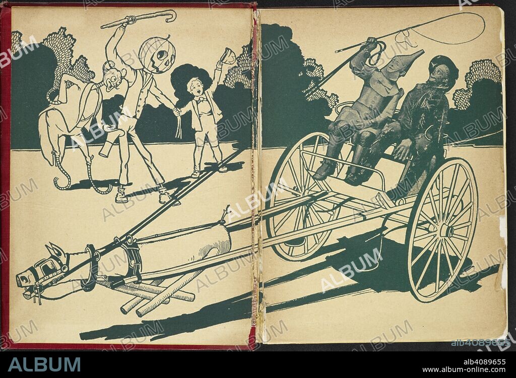 LYMAN FRANK BAUM and JOHN R. NEILL. Various characters from the story. The Tin Woodman on a cart drawn by the sawhorse. The Marvelous Land of Oz. Being an account of the further adventures of the Scarecrow and Tin Woodman ... A sequel to the Wizard of Oz ... Pictured by John R. Neill, etc. London : F. H. Revell Co., 1904. Source: 12812.aa.46 back pages.