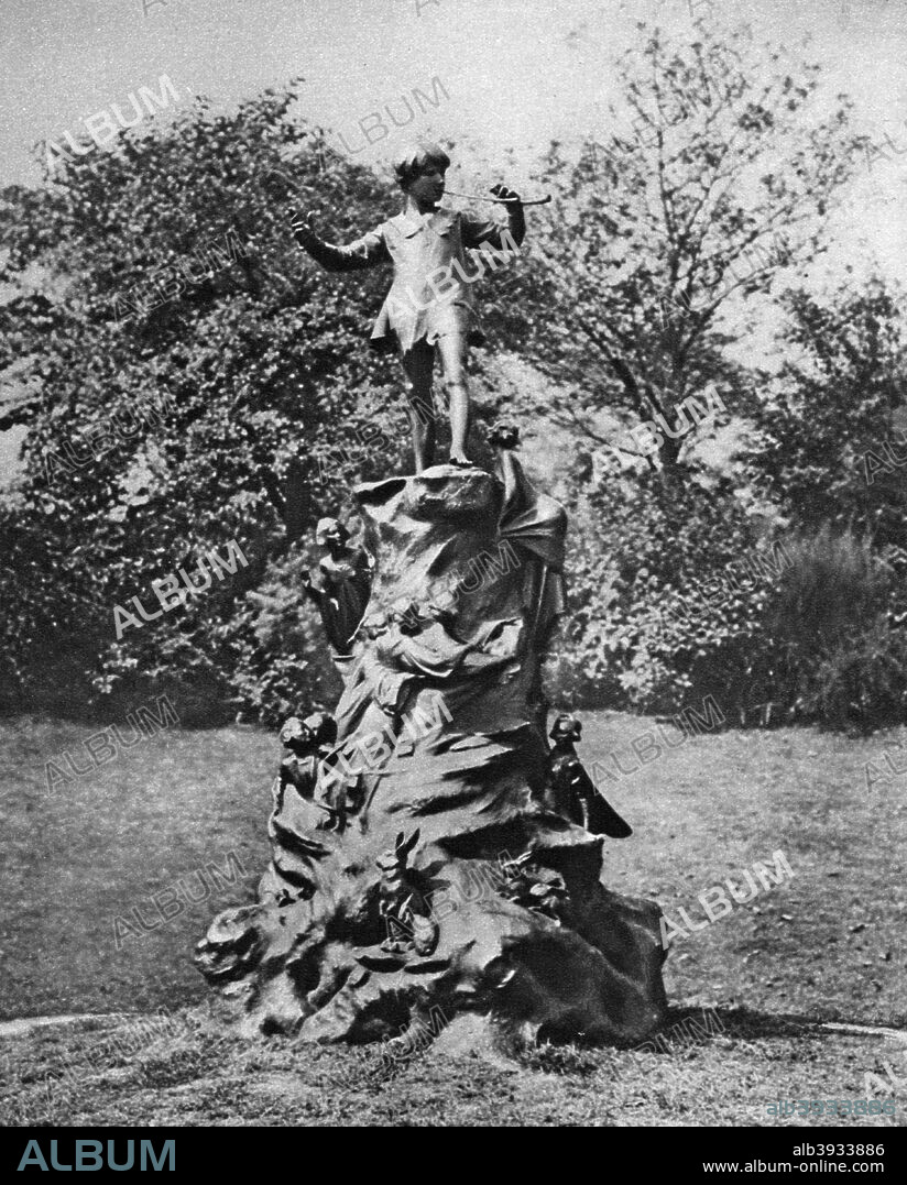 The Peter Pan statue, Kensington Gardens, London, 1926-1927. George Frampton's statue of the boy who never grew up from JM Barrie's novel. Illustration from Wonderful London, edited by Arthur St John Adcock, Volume I, published by Amalgamated Press, (London, 1926-1927).