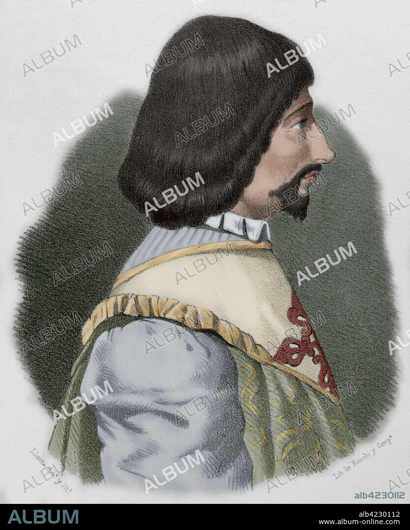 Enrique de Villena (h. 1384-1434). Noble castellano. Condestable de Castilla, maestre de la Orden de Calatrava, escritor y traductor literario. Retrato. Dibujo por Llanta. Litografía. Coloreada. Crónica General de España, Historia Ilustrada y Descriptiva de sus Provincias. Castilla-La Nueva, 1869.