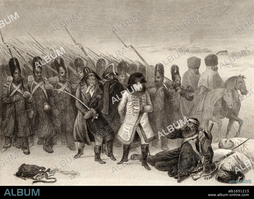 Napoleon's retreat from Russia, 1812. Napoleon Bonaparte,1769-1821, Emperor of the French. Drawn by Raffet, engraved by J. Smith.