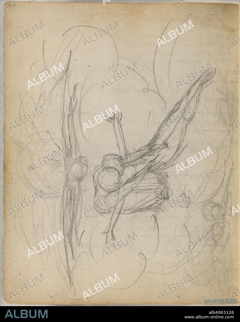 Sketch of the Trinity. Notebook of William Blake. England; circa 1787-1818. [Whole folio] God the Father, under the wings of the dove-like Holy Ghost, accepts the Son's offer to give his life for man. The figure of Satan hovers below the clouds  Image taken from Notebook of William Blake.  Originally published/produced in England; circa 1787-1818. . Source: Add. 49460, f.53v. Language: English.
