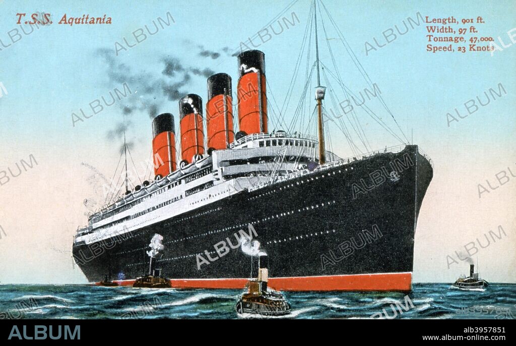 Ocean liner RMS 'Aquitania', 20th century.The Aquitania was built by John Brown and Company on the Clyde for the Cunard Line. Launched in 1914, she was converted for use as an armed merchant cruiser then a troopship during the First World War. After a refit in 1919 she took up her intended role on the transatlantic route to New York. Although slower than some of her rival liners, Aquitania offered more luxurious accomodation. During the Second World War she again served as a troopship. After the war she was used to transport migrants to Canada before she was scrapped in 1950.