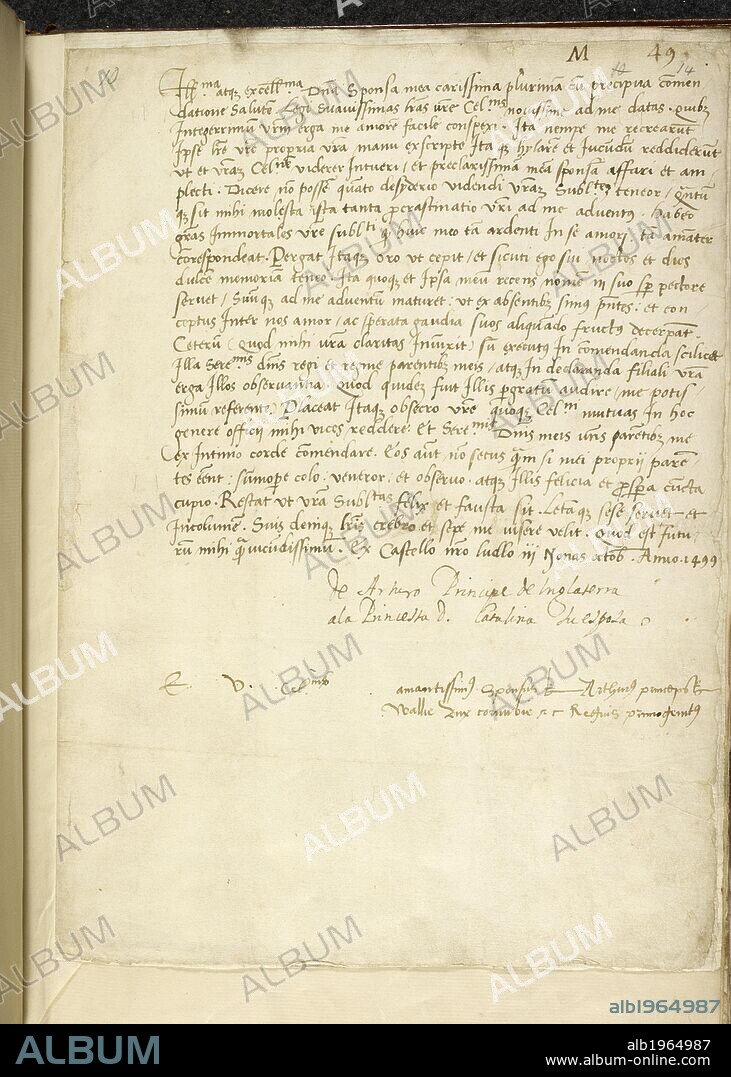 Letter from King Henry VII to King Ferdinand and Queen Isabella of Spain. Original Letters of Perkin Warbeck, Henry VII, Pri. England [Canterbury]. [Whole folio] Letter of Kiing Henry VII to King Ferdinand and Queen Isabella of Spain concerning the nuptials of Prince Arthur and Katherine of Aragon, and her proposed journey to England. Canterbury, 20 June 1500.  Image takem from Original Letters of Perkin Warbeck, Henry VII, Prince Arthur, etc.  Originally produced in England [Canterbury]; 1500 . Source: Egerton 616, f.14. Language: Latin.