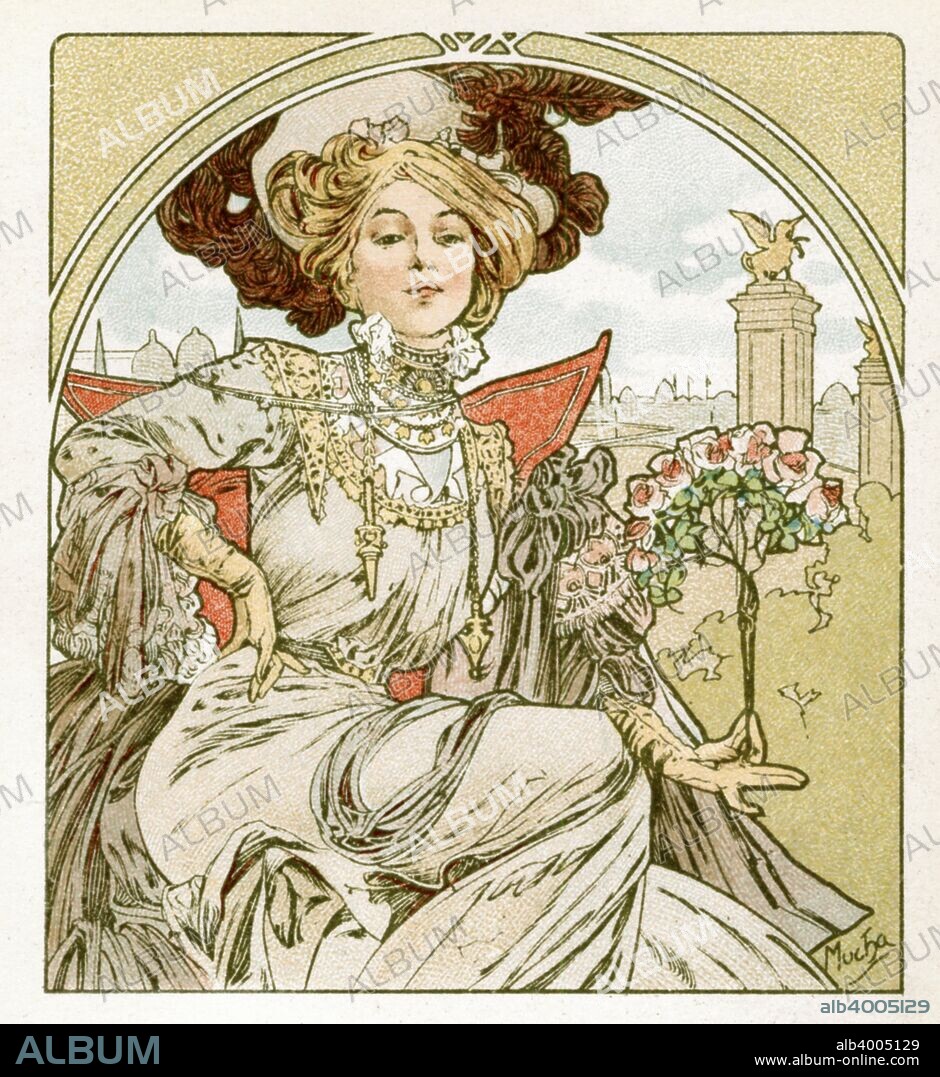 ALPHONSE MUCHA. Paris Exposition, 1900. A woman in an elegant hat and dress with a bouquet of roses in her hand. A view of Paris is in the background.