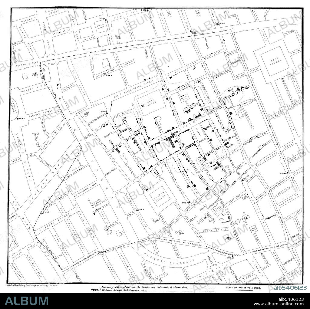 Scale 30 inches to a mile. A map taken from a report by Dr. John Snow: "Report on the cholera outbreak in the Parish of St. James, Westminster, during the autumn of 1854", presented to the vestry by the Cholera Inquiry Committee, July 1855. The Broad Street cholera outbreak (Golden Square outbreak) was a severe outbreak of cholera that occurred in 1854 near Broad Street (now Broadwick Street) in the Soho district of London, England. This outbreak, which killed 616 people, is best known for the physician John Snow's study of its causes and his hypothesis that contaminated water, not air, was the source of cholera. This discovery came to influence public health and the construction of improved sanitation facilities beginning in the mid-19th century.