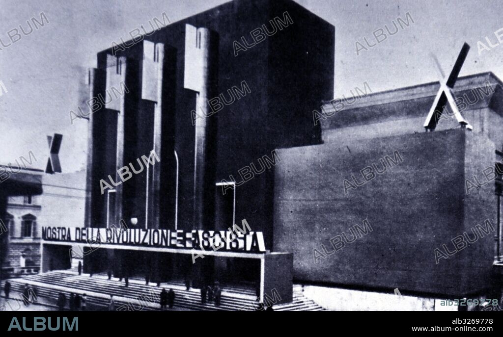 Photograph of the exterior of the Palazzo delle Esposizioni during the Exhibition of the Fascist Revolution (Mostra della Rivoluzione Fascista) in Rome. The exhibition was opened by Benito Mussolini in 1932. Dated 20th Century.