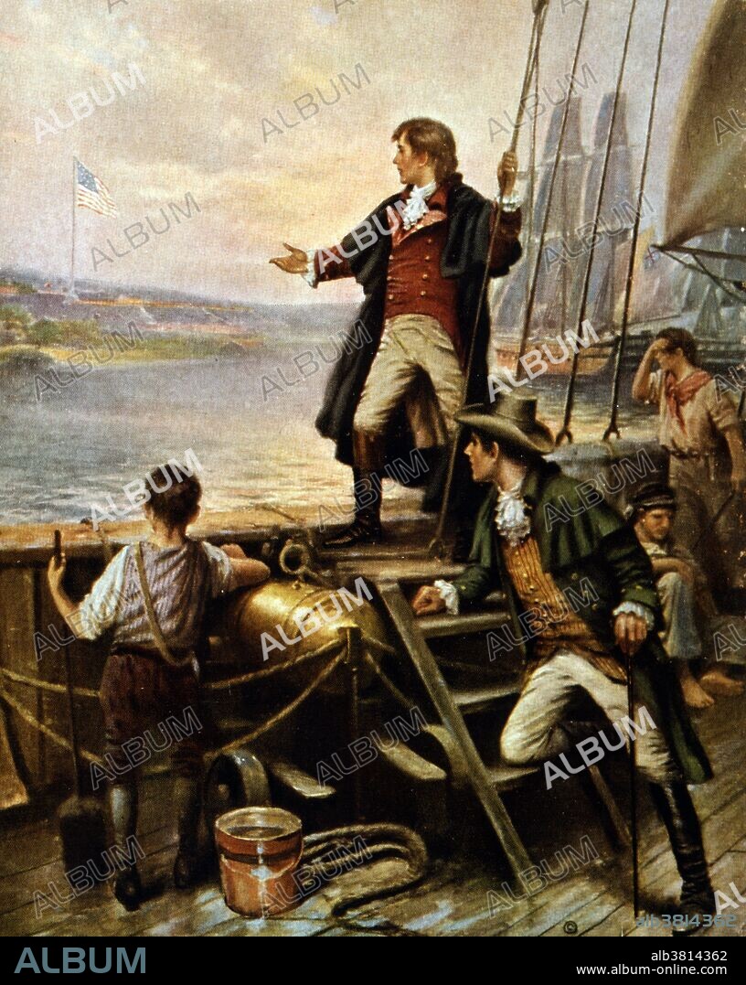 Key standing on boat, with right arm stretched out toward the United States flag flying over Fort McHenry, Baltimore, Maryland. The resistance of Fort McHenry during bombardment by the Royal Navy inspired Francis Scott Key to compose the poem "Defence of Fort McHenry", which later became the lyrics for "The Star-Spangled Banner". Francis Scott Key (August 1, 1779 - January 11, 1843) was an American lawyer, author, and amateur poet who wrote the lyrics to the United States' national anthem, "The Star-Spangled Banner". More than a century after its first publication, the song was adopted as the American national anthem, first by an Executive Order from President Woodrow Wilson in 1916 and then by a Congressional resolution in 1931, signed by President Herbert Hoover. Throughout his career Key represented slaves seeking their freedom in court (for free), as well as several masters seeking return of their runaway human property. He publicly criticized slavery's cruelties, but used his position as U.S. Attorney to suppress abolitionists. He resigned as district attorney in 1840. He remained a staunch proponent of African colonization and a strong critic of the antislavery movement until his death in 1843 at the age of 63. Reproduction of painting by Percy Moran.