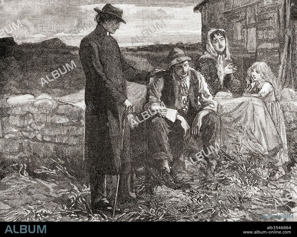 Father Mathew comforts a famine stricken poor family in Ireland in 1845. Theobald Mathew, 1790–1856. Irish Catholic teetotalist reformer, popularly known as Father Mathew. From The Century Edition of Cassell's History of England, published c. 1900.