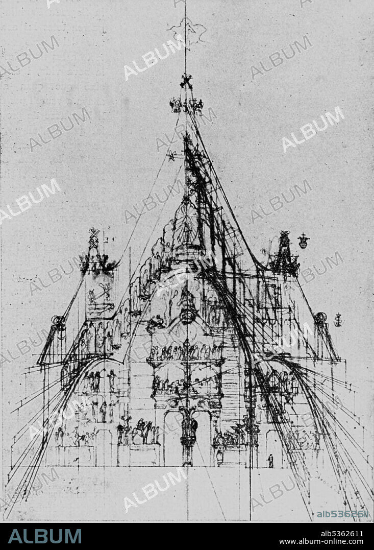 ANTONI GAUDI. Sagrada Familia (Passion Façade): The first sketch of the Passion façade by Gaudí in 1892. This is a drawing that basically shows a vector calculation that would be used to study loads, to specify the inclinations of the six columns of the lower porch as well as the upper columns, and define the complete iconographic program. It was crowned with the cross of victory over death (a triumphal cross, so it is represented without Christ). It was nailed to the wall of his studio with push pins., 1892.