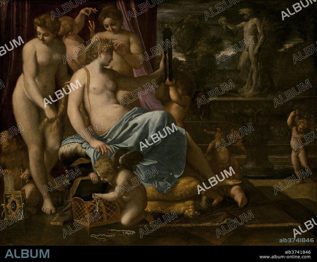 ANNIBALE CARRACCI. Venus Adorned by the Graces. Dated: 1590/1595. Dimensions: overall: 133 x 170.5 cm (52 3/8 x 67 1/8 in.)  framed: 162.6 x 200 x 8.6 cm (64 x 78 3/4 x 3 3/8 in.). Medium: oil on panel transferred to canvas.