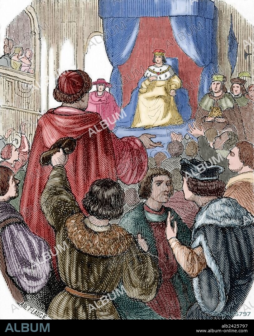 LOUIS DUPRE. LUIS XII DE FRANCIA (1462-1515). Rey de Francia de 1498-1515. Apodado "Padre del Pueblo" en los Estados Generales de 1506. Grabado por Dupré. "Biblioteca Universal". Ediciones Populares. 1851. Coloreado.