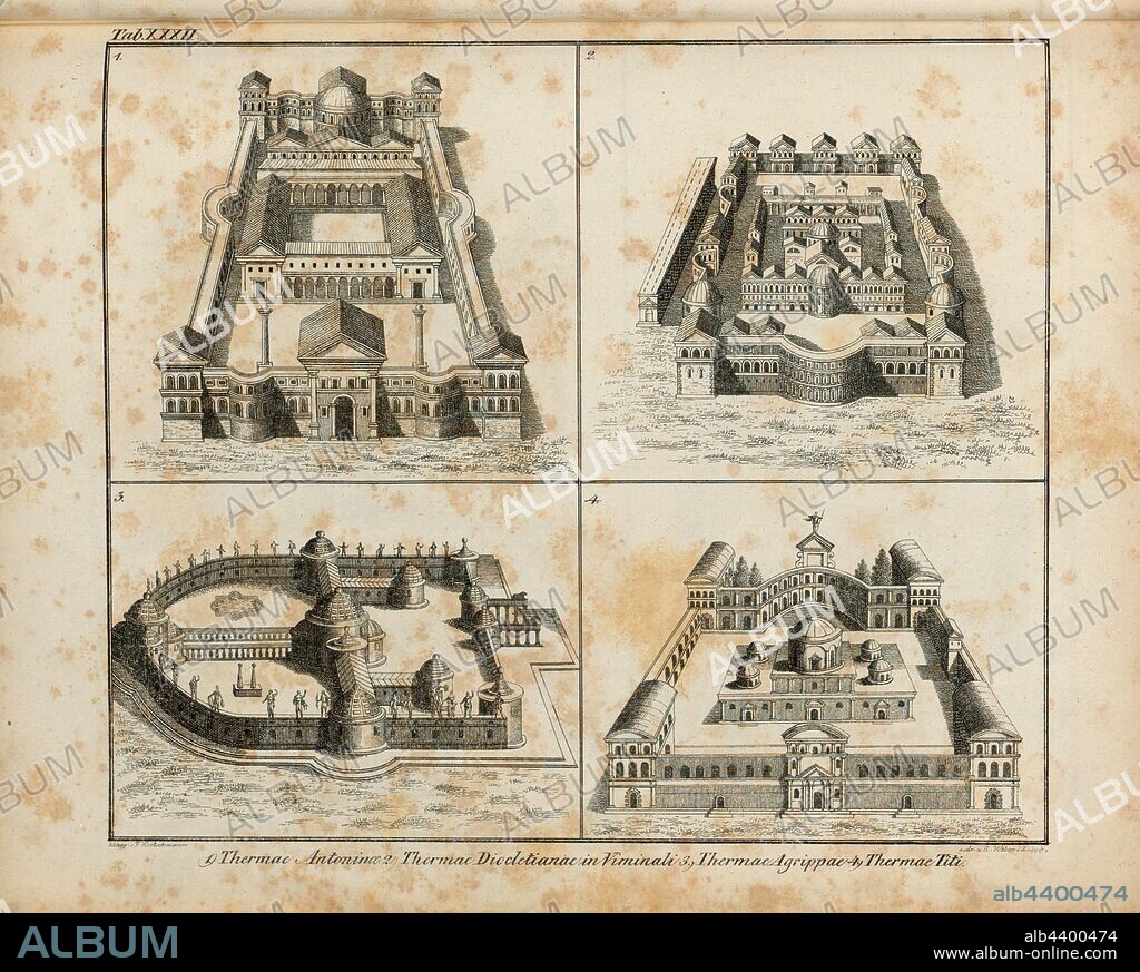 Thermae Antoninae, 2. Thermae Diocletianae in Virninali, 3. Thermae Argrippae, 4. Thermae Titi, Caracalla Baths, Diocletian Baths, Terme di Agrippa and Titus Baths in Rome, signed lithg., v, F. Kretschmann, gedr., R. Weber, Tab. XXXII, Kretschmann, F. (lith.), Weber, Rudolf (gedr.), Franz Heinrich Köhler: Urbs Roma: Ansichten der Tempel, Paläste, Theater, Amphitheater, Triumphbogen, Porticus, Circi, Naumachieen, Basilieae, Grabmäler, Wasserleitungen, Thore, Bäder, Ehrensäulen, Obelisken etc. Bd. 2. Leipzig: Köhler, 1829.