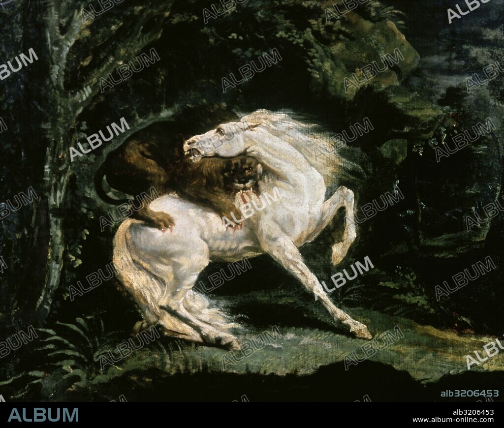 Theodore Gericault (1791-1824). French painter. Horse attacked by lion, 1821. Louvre Museum. Paris. France.