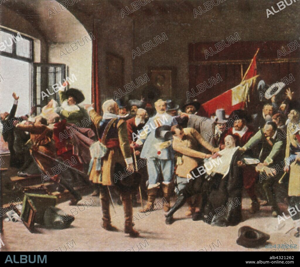 The Defenestration of Prague, 23 May 1618, (1936). 'Der Fenstersturz in Prag, 23 Mai 1618'. The Second Defenestration of Prague: heated religious meeting in the Prague Castle which resulted in Catholic regents Vilém Slavata of Chlum, Jaroslav Borita of Martinice and their secretary Filip Fabricius being thrown out of a third-floor window after a tirade by Count von Thurn. They survived the 70-foot (21-metre) fall, albeit with severe injuries. From "Bilder Deutscher Geschichte", (Pictures of German History), No.12, cigarette card album. [Cigaretten-Bilderdienst, Altona-Bahrenfeld, Hamburg, Germany, 1936].