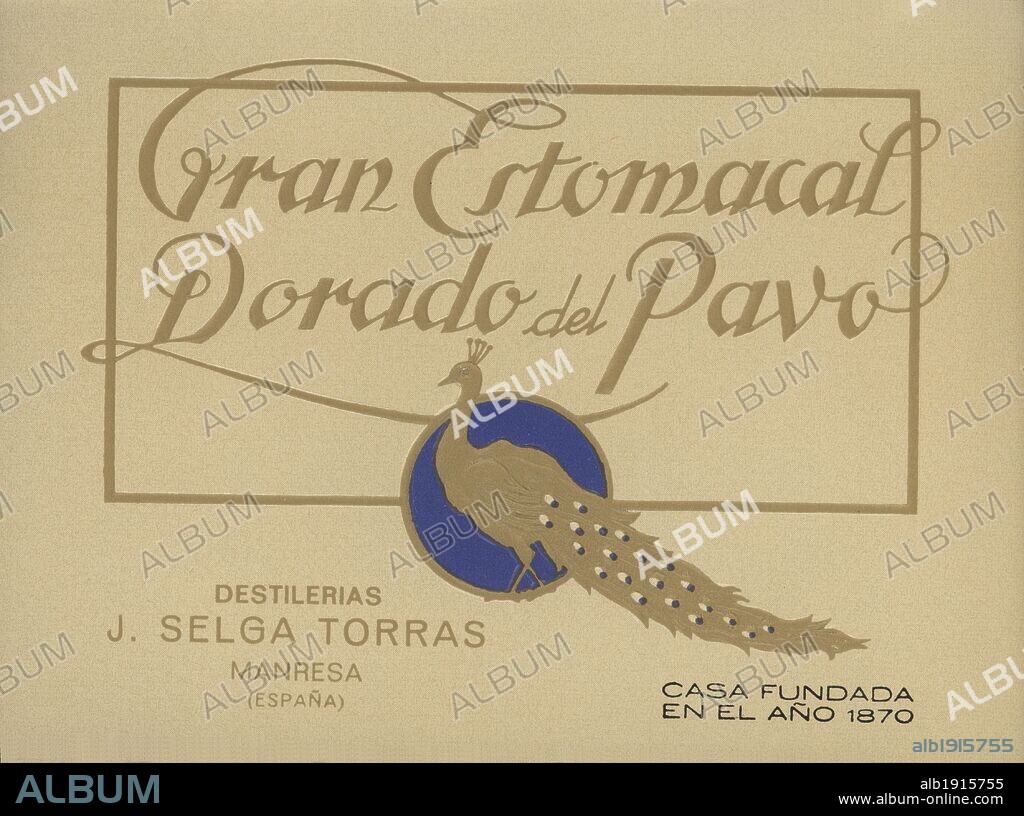 Publicidad. Etiqueta de Gran Estomacal Dorado del Pavo, elaborado por Destilerías J. Selga Torras, de Manresa. Años 1950.