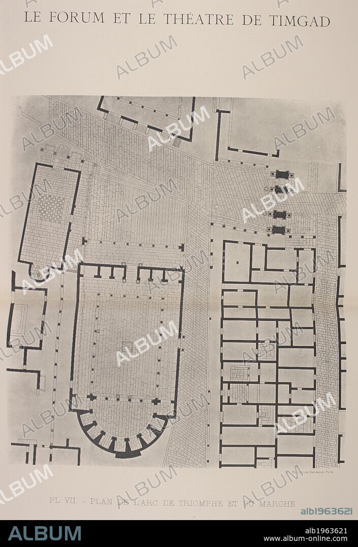 Floor plan of the Forum of Timgad, Algeria. Restoration and architecture of ancient Roman ruins. Archaeological site. . TheÌaÌ‚tre et Forum de Timgad, antique Thamugadi. EÌtat actuel et restauration. Paris. Albert Ballu. 1902. TheÌaÌ‚tre et Forum de Timgad, antique Thamugadi. EÌtat actuel et restauration. Source: 1701.b.9 plate VII. Language: French.