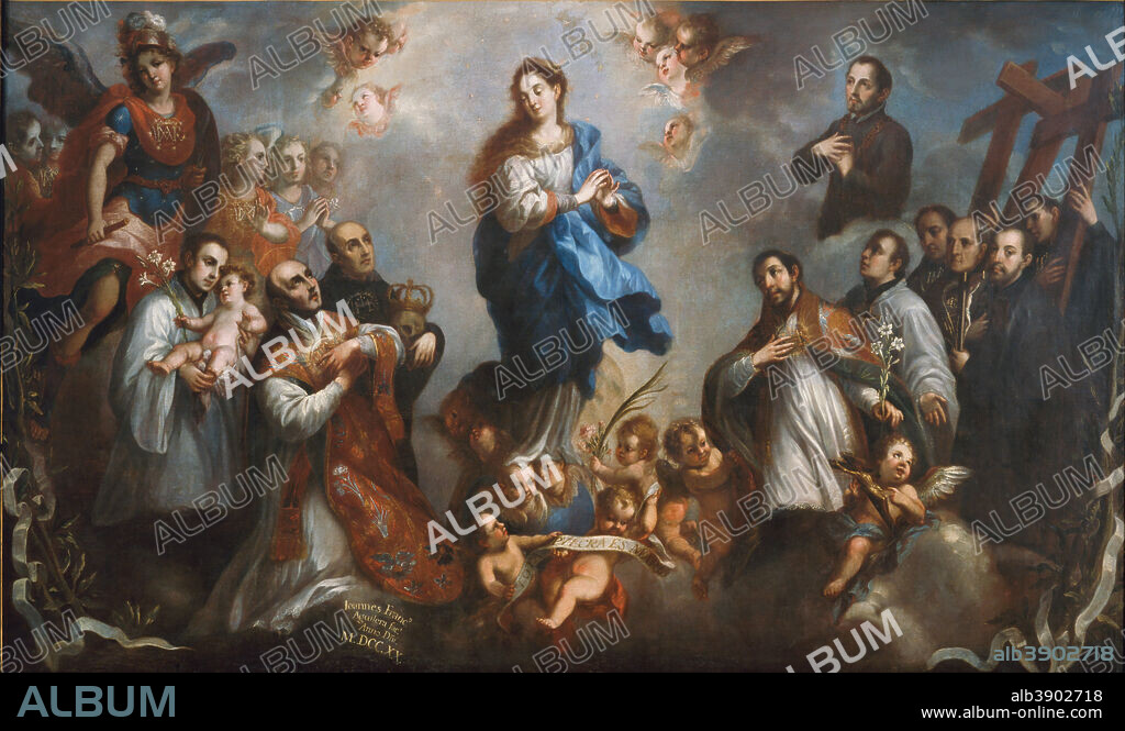 JUAN FRANCISCO DE AGUILERA. La Purísima Concepción con jesuítas The Inmaculate Conception with Jesuits. Date/Period: 1720. Painting. Oil on canvas Oil on canvas. Height: 2,527 mm (99.48 in); Width: 4,205 mm (13.79 ft).
