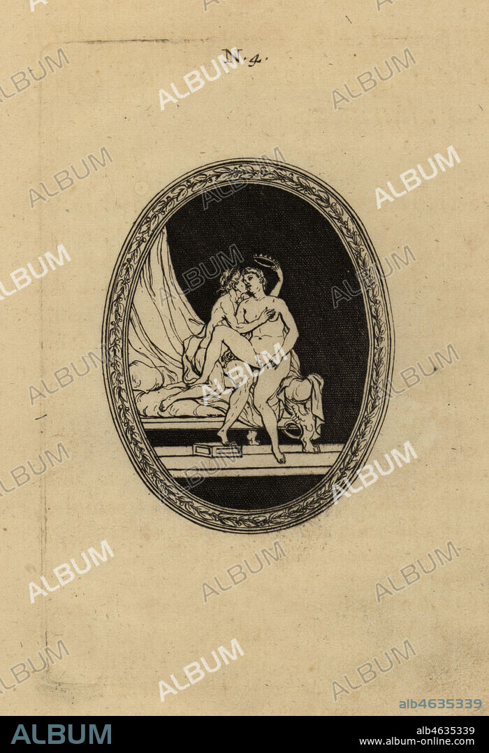 Julius Caesar crowning a naked Cleopatra. Cesar met une couronne sur la tete de Cleopatre, qui lui offre ses charmes. Copperplate engraving from Pierre-Francois d'Hancarvilles Monumens de la Vie Privee des Douze Cesars, Chez Sabellus, Capri (Monuments of the Private Lives of 12 Caesars, Leclerc, Nancy) 1780. From imaginary Spintria, medals and cameos.