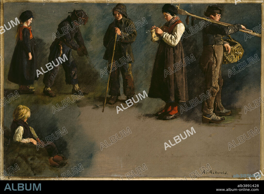 ANDERS ASKEVOLD. Figure Studies. Date/Period: 1900. Painting. Olje på papir oppklebet på papp-plate. Width: 54 cm. Height: 37 cm.