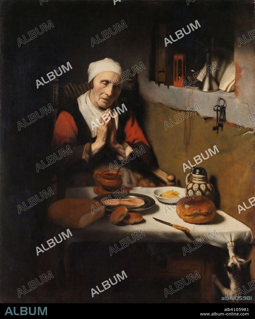 NICOLAES MAES. Old Woman Saying Grace, Known as 'The Prayer without End'. Oude vrouw in gebed, bekend als 'Het gebed zonder end'. Dating: c. 1656. Measurements: h 134 cm × w 113 cm.