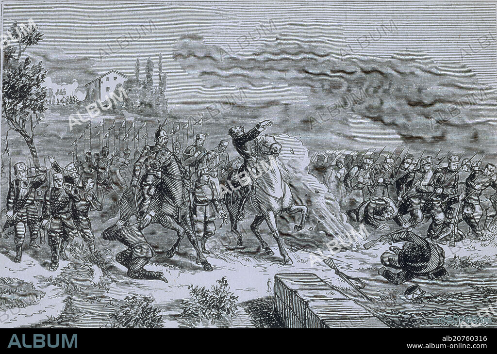 RIBAS. BATALLA DE ALCOLEA 1868 (LA BALA QUE DERRIBO A PAVIA Y ARRANCO DEL TRONO A ISABEL II) - LITOGRAFIA SIGLO XIX.