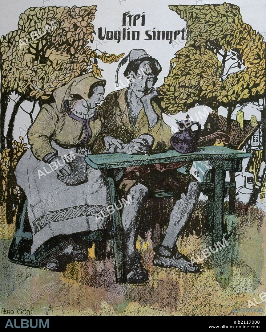 Frei voglin singet by Ferdinand Gotz, 1874-1936, German. In the garden, drinking, man, woman, outdoors, folk dress, talking, food and drink, liszt gourmet archive, bench, table, trees, green.