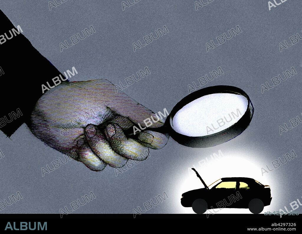Hand holding magnifying glass over car with open bonnet.