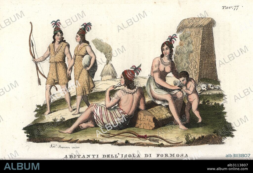 Natives of the island of Formosa (Taiwan), depicted as headhunters and cannibals, 1820s. Handcoloured copperplate engraving by Andrea Bernieri from Giulio Ferrrario's Costumes Antique and Modern of All Peoples (Il Costume Antico e Moderno di Tutti i Popoli), Florence, 1842.