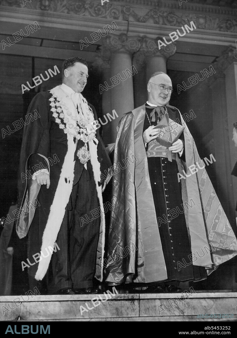 Civic Reception To Cardinal Spellman And Visiting Church Dignitaries - The Lord Mayor of Sydney (Ald Bartley) stands on the steps of Sydney Town Hall with Cardinal Spellman (Archbishop of New York) after the Civic reception afforded the visiting Roman Catholic dignitaries. April 28, 1948. (Photo by C.T. Halmarick).