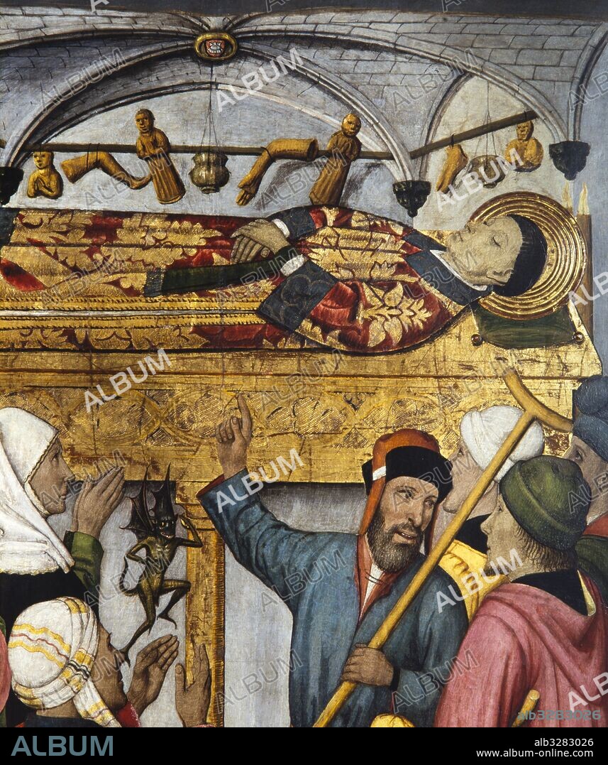 JAUME HUGUET. Milagros póstumos de san Vicente (o El exorcismo de  la princesa Eudoxia delante de la tumba de san Vicente). Retablo de la iglesia de Sant Vicenç de Sarrià, hacia 1455-1460. Detalle. Temple, relieves de estuco y dorado con pan de oro sobre tabla. 165,8 x 97,4 x 7,5 cm. Procede de la iglesia de Sant Vicenç de Sarrià, Barcelona. Museu Nacional d'Art de Catalunya. Barcelona.