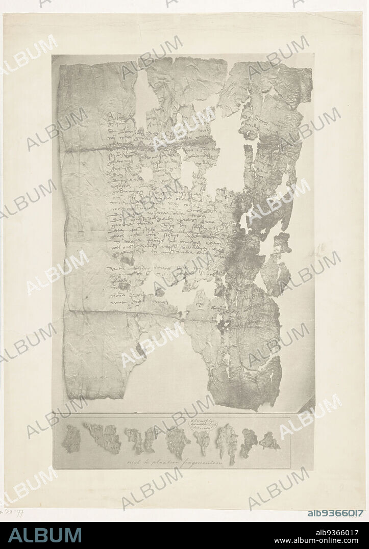 Fragment of a manuscript, Fragment of a manuscript, heavily damaged, at the bottom nine loose small pieces in a row. Associated with the wintering on Nova Zembla in 1596-1597., Maurits Verveer (mentioned on object), The Hague, 1875 - 1903, paper, height 468 mm × width 340 mm.