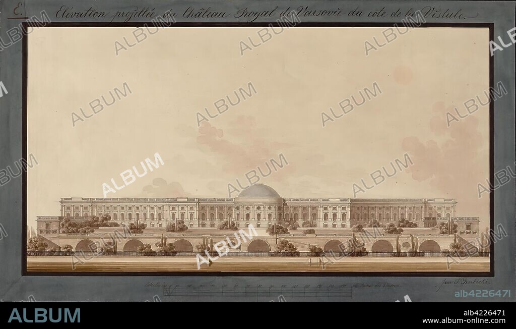 JAKUB KUBICKI. 'Designed View of the Royal Castle in Warsaw on the side of the Vistula. Plate E'. Poland, Circa 1818. Dimensions: 30,2x51,8 cm.