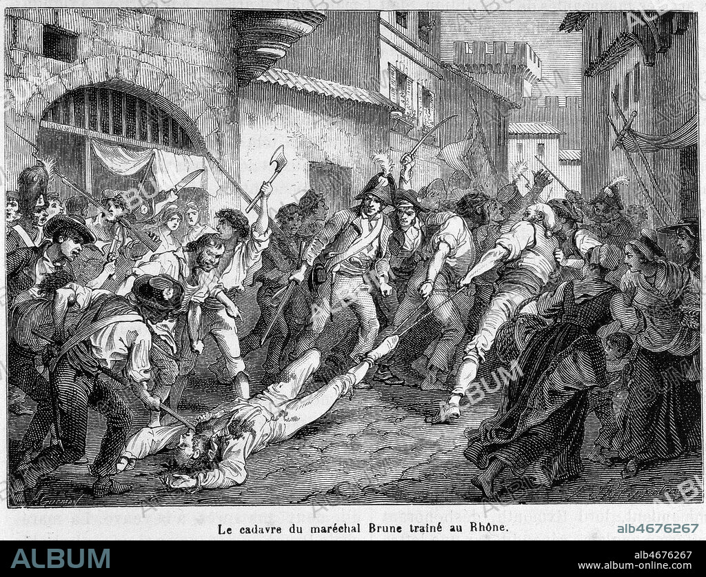 'Le cadavre du marechal BRUNE (1763-1815) traine au Rhone' Gravure anonyme pour 'Histoire de France' de Henri MARTIN (1810-1883) (vol.5 p337) (XIXeme s., 19eme s., 19e s.) Credit Collection LOU/KHARBINE-TAPABOR.